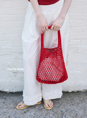 feytiy 糖果色 夏季手工编织包时髦百搭手拎单肩包度假沙滩包网兜