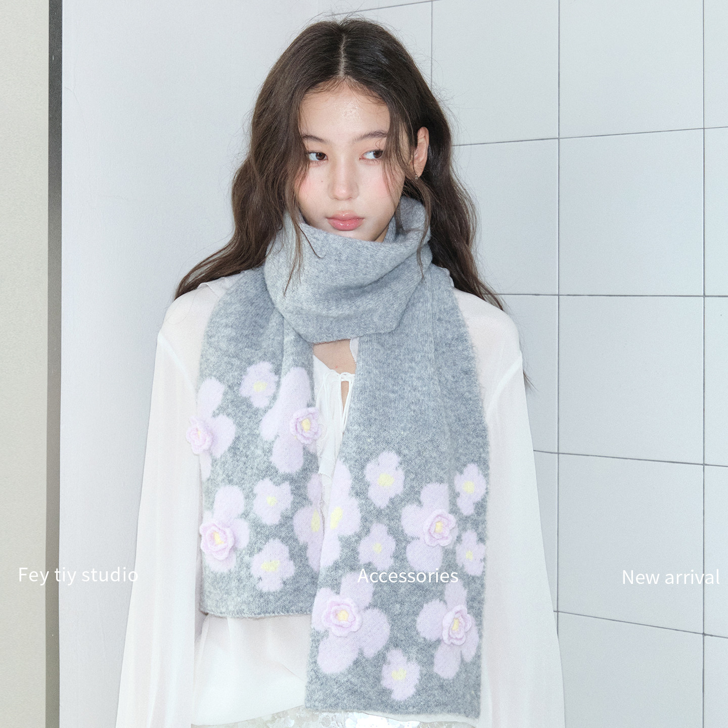 feytiy 立体花朵 甜美可爱秋冬季针织围巾保暖百搭韩版毛线围脖女