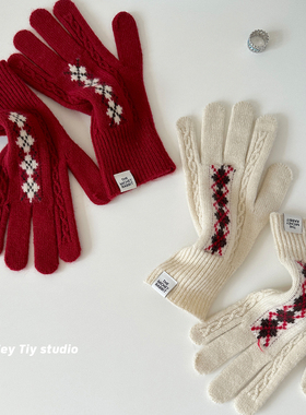 feytiy 费尔岛菱形格复古保暖加厚针织手套女 冬季防寒百搭可触屏