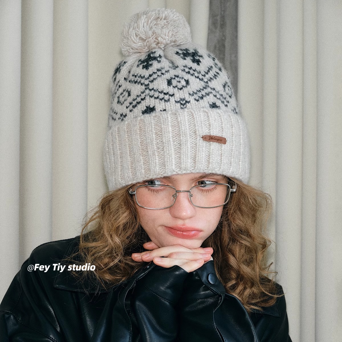 费尔岛提花毛球针织毛线帽秋冬