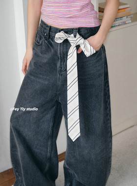 feytiy 小众设计时髦百搭 条纹领带女复古手打丝巾细窄腰带百搭