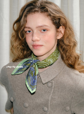 feytiy 手工卷边 拼色腰果花丝巾女小方巾发带春季装饰仿真丝领巾