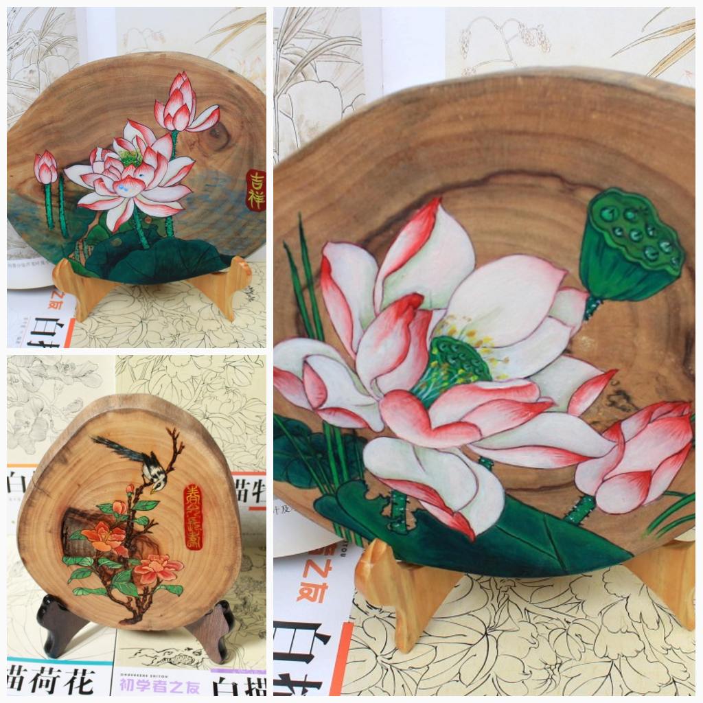 包邮原生态手绘樟木圆木板挂画中式工笔花鸟荷花装饰吉祥香樟摆件图片