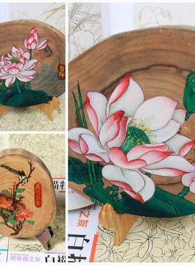 包邮原生态手绘樟木圆木板挂画中式工笔花鸟荷花装饰吉祥香樟摆件