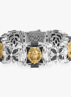 俄罗斯艺术珠宝14K金狮子十字花克罗镶嵌手镯男女ins925纯银