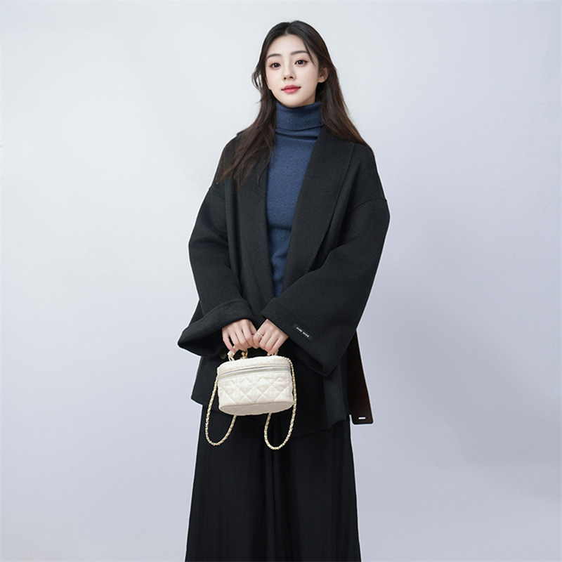 一线撤柜撤标2025年春女士新款时尚皮带宽松显瘦短款毛呢大衣外套