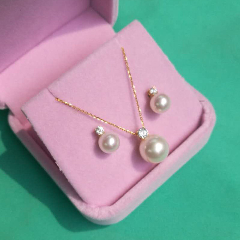 王妃款高端 天然淡水珍珠 18K金钻石耳钉+吊坠 正品极强光