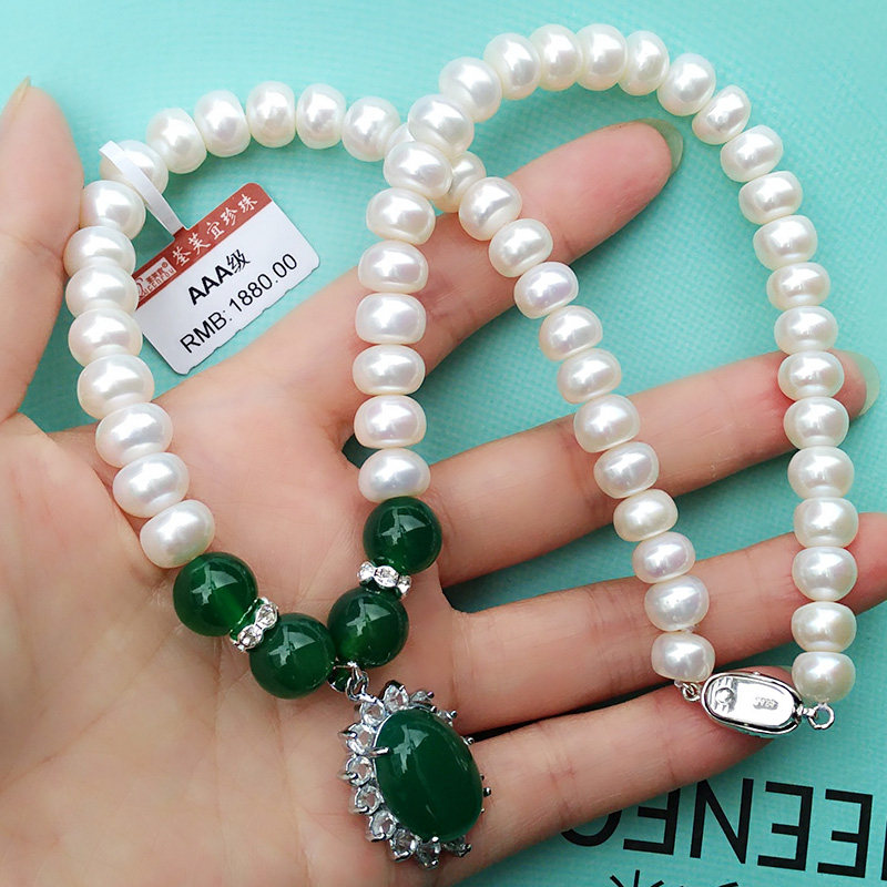 天然淡水强光馒头珍珠 9-10mm四面光珠项链玛瑙 送婆婆 送妈妈