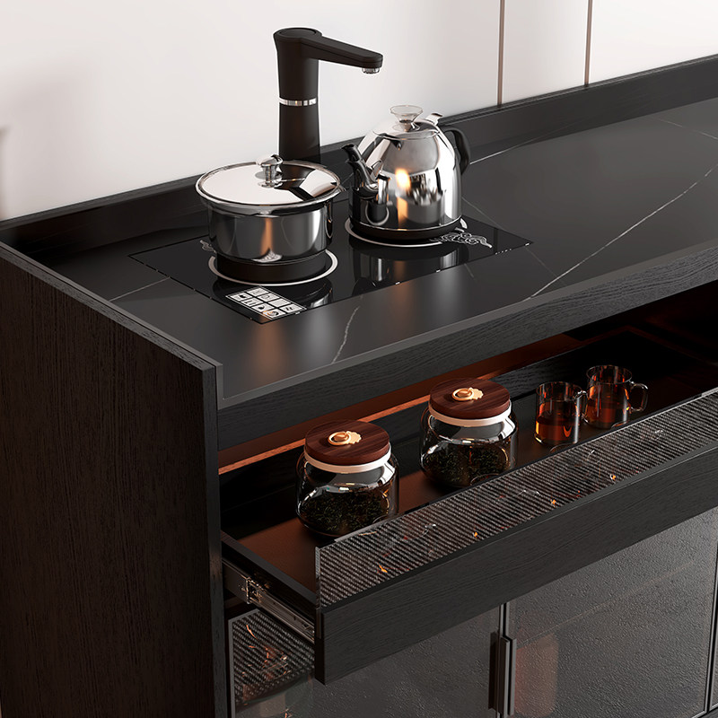 现代简约岩板餐边柜茶吧机靠墙带灯自动上水茶水柜烧水壶一体办公