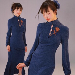包臀长袖 刺绣大摆鱼尾裙修身 连衣裙 秋冬针织连衣裙新中式 里织兀