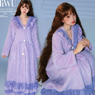 甜美风紫色毛绒连体衣女荷叶边蕾丝边保暖家居服睡袍