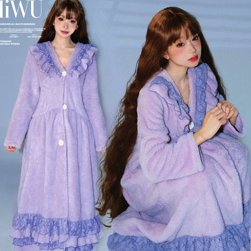 甜美风紫色毛绒连体保暖家居睡袍