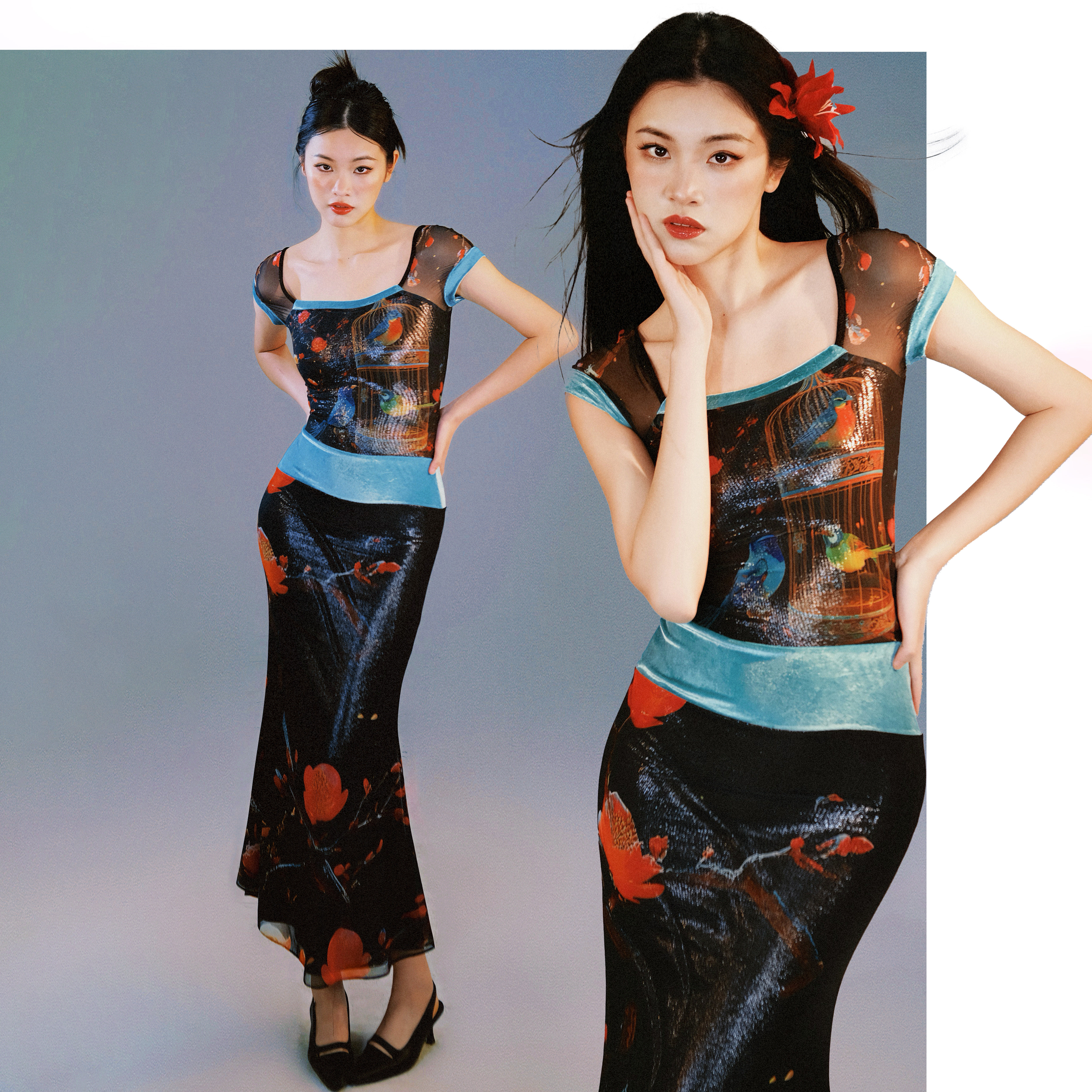 里织兀｜新中式泼墨印花连衣裙方领网纱拼接收腰显瘦鱼尾连衣裙,女装/女士精品,连衣裙,淘宝优惠券,粉丝福利购,淘宝优惠卷