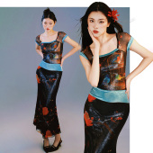 里织兀｜新中式 泼墨印花连衣裙方领网纱拼接收腰显瘦鱼尾连衣裙