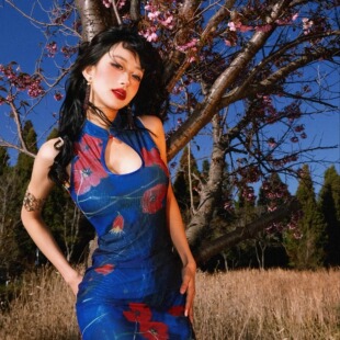 墨染蓝旗袍2026春新款 里织兀LZW｜新中式 设计国风网纱印花中长款