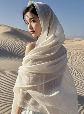 青海茶卡盐湖旅游拍照红色仿棉麻围巾女沙漠防晒披肩海边旅游纱巾