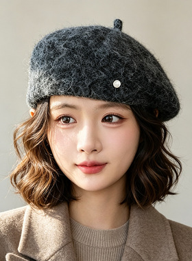 美拉德羊羔绒毛呢贝雷帽女秋冬季保暖贝雷画家帽显脸小文艺帽子潮