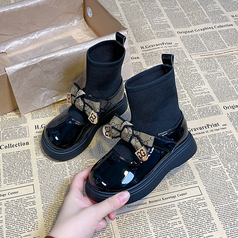 VTVK韩版女童宝宝袜靴秋冬新款儿童蝴蝶结加绒小皮靴女孩短靴子