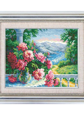 十字绣套件露台上的牡丹花瓶风景花卉28ct18ct14ct11ct可选择印花
