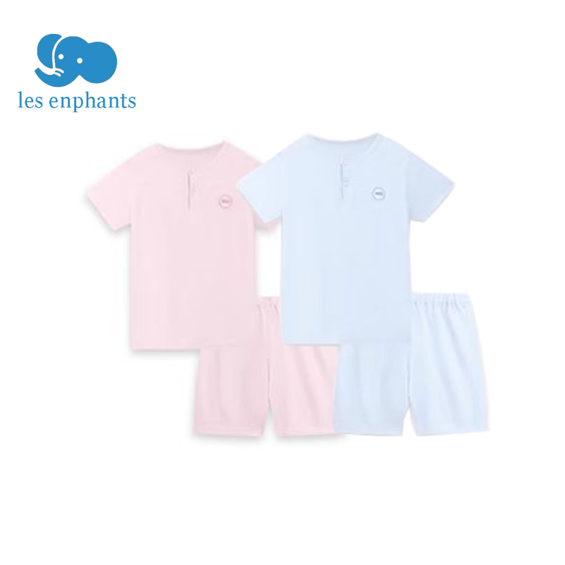 丽婴房男女童宝宝短袖睡衣套装 天丝薄款 舒适透气儿童内衣夏粉蓝