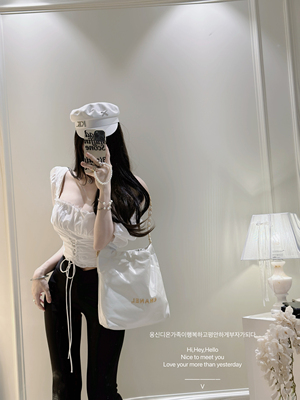 【鲜奶霜】温柔韩女纯欲风抽绳收腰系带显瘦泡泡短袖上衣喇叭裤