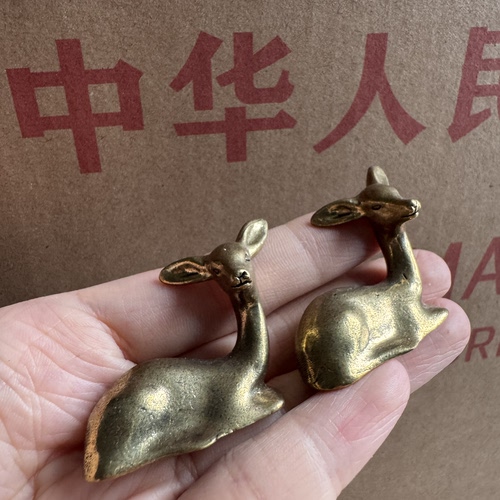 老库存几十年实心黄铜仙鹿摆件茶宠