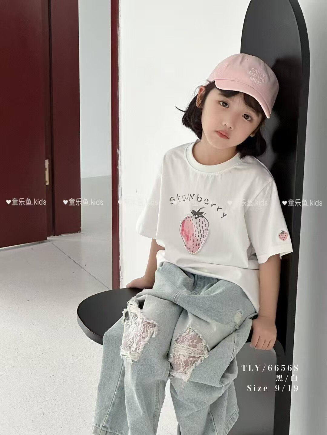 童乐鱼2025夏季新款女童粉色草莓印花可爱纯棉短袖T恤潮 120-170