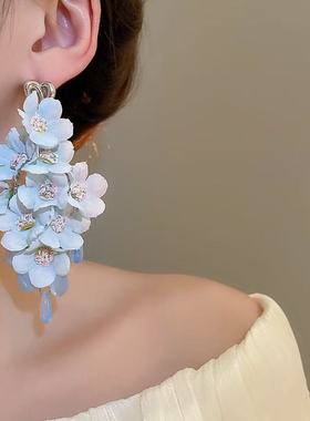呼呼专享蓝色花朵珍珠流苏耳环清新氛围感耳钉超仙轻奢高级感