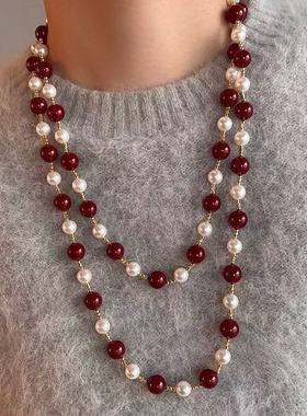 GROW UP设计师款红色珍珠项链女多层轻奢毛衣链时尚锁骨链