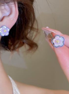 原创设计花朵银针耳钉小巧金属镂空耳环复古温柔甜美紫色耳饰