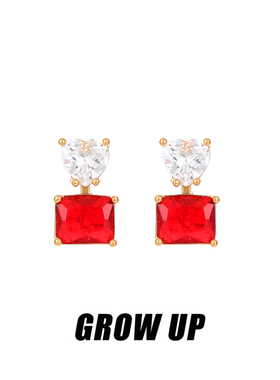 GROWUP设计感红色耳钉锆石超闪爱心耳饰高级感甜美气质耳环新款