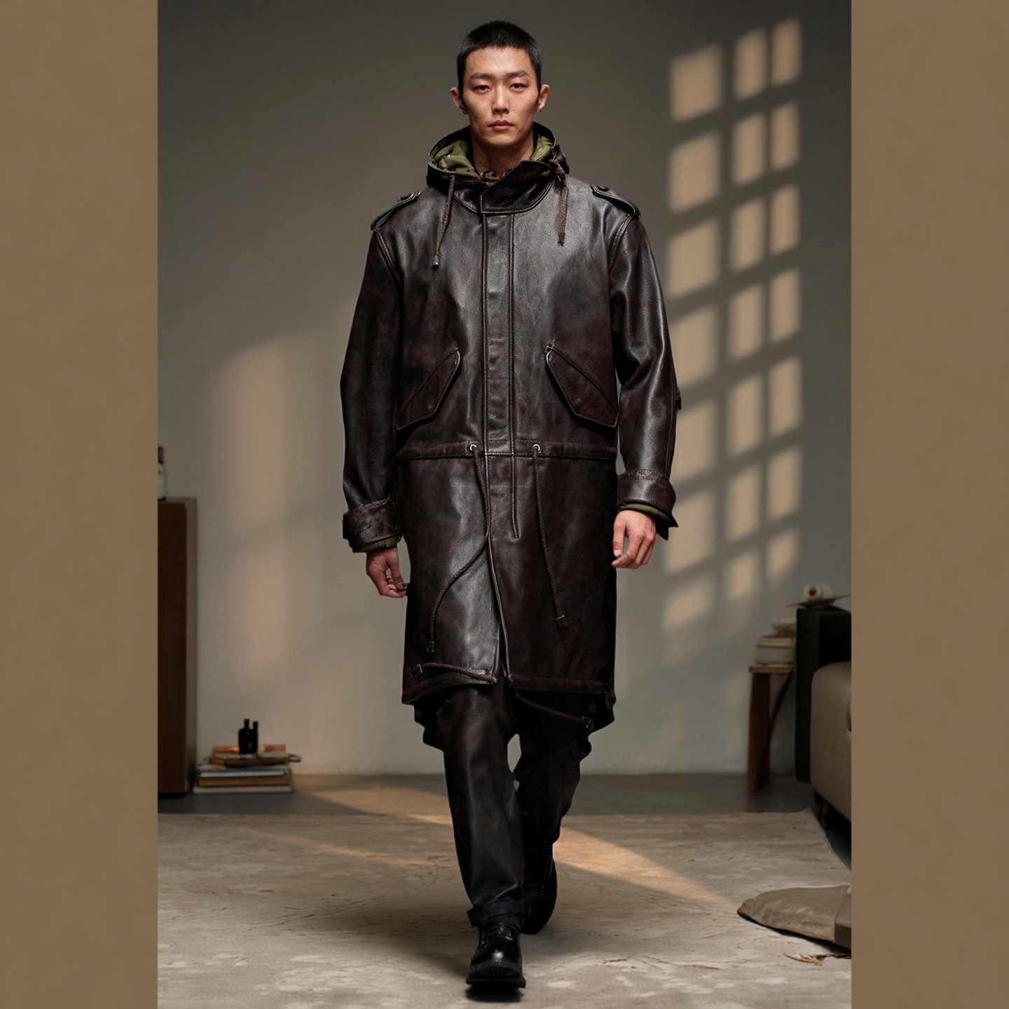 工装军旅风格M51连帽真皮皮衣外套男式宽松长款防风风衣皮大衣