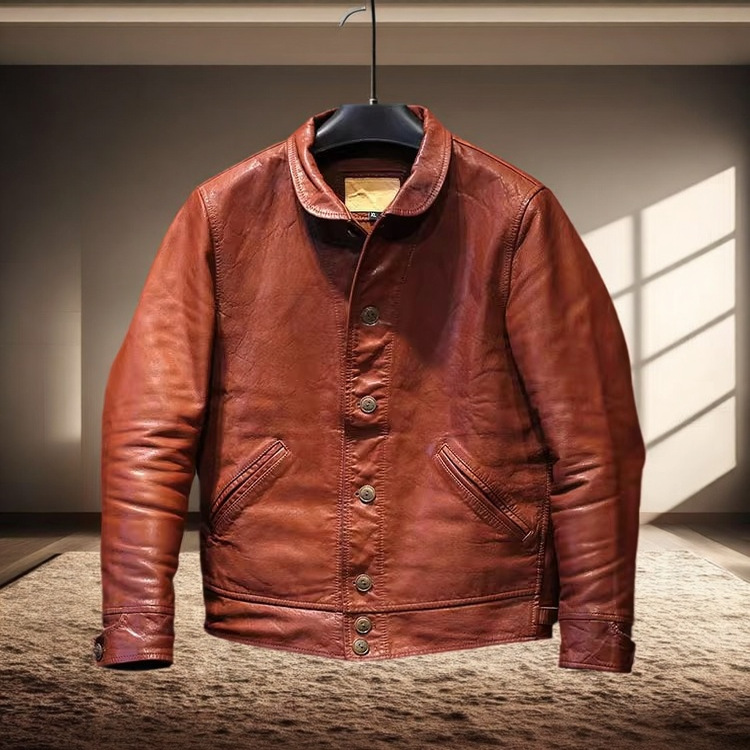 日系复古休闲皮衣个性翻领皮夹克