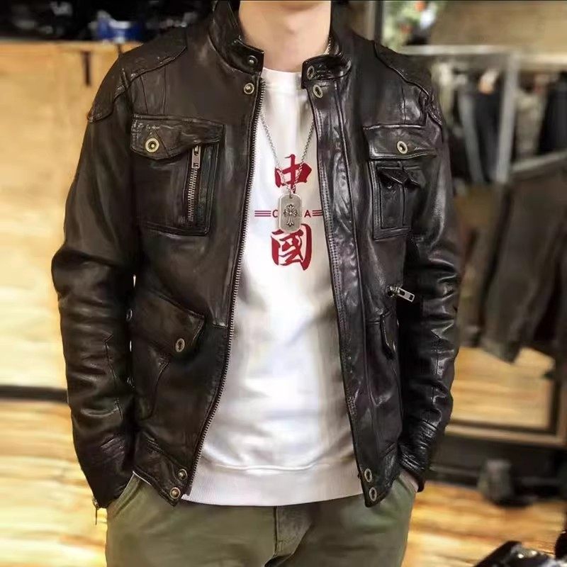 精品韩版男装男式多口袋皮外套植鞣绵羊皮皮夹克修身立领真皮皮衣