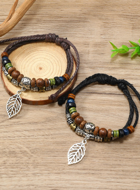 欧美复古树叶吊坠鸡翅木多层可抽拉手工pu项链 文艺风编织皮手链
