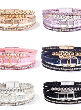 亚马逊热销手工编制皮手链手镯批发双环磁吸扣镶钻女士皮革手链