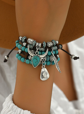新品欧美民族风波西米亚绿松石牛头帽子流苏手工多层手链手绳