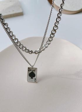 欧美时尚钛钢项链黑桃A吊坠叠戴