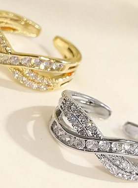 时尚镶钻交叉开口可调节指戒高级