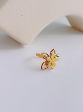 简约钛钢戒指女花瓣18k金色小众