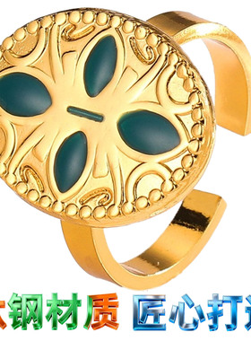 法式祖母绿开口钛钢戒指女百搭时