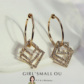 无耳洞软垫耳夹闪钻镂空方形925银针耳钉大圈耳环耳饰品女0544