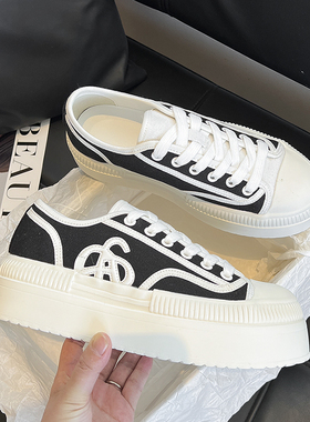 孟子义腻腻同款厚底饼干鞋黑白熊猫女百搭增高休闲松糕bann帆布鞋