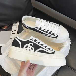 黑白熊猫女百搭增高休闲松糕bann帆布鞋 孟子义腻腻同款 厚底饼干鞋