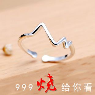 999纯银食指戒指情侣对戒心动心电图潮人学生个性简约尾戒指活口
