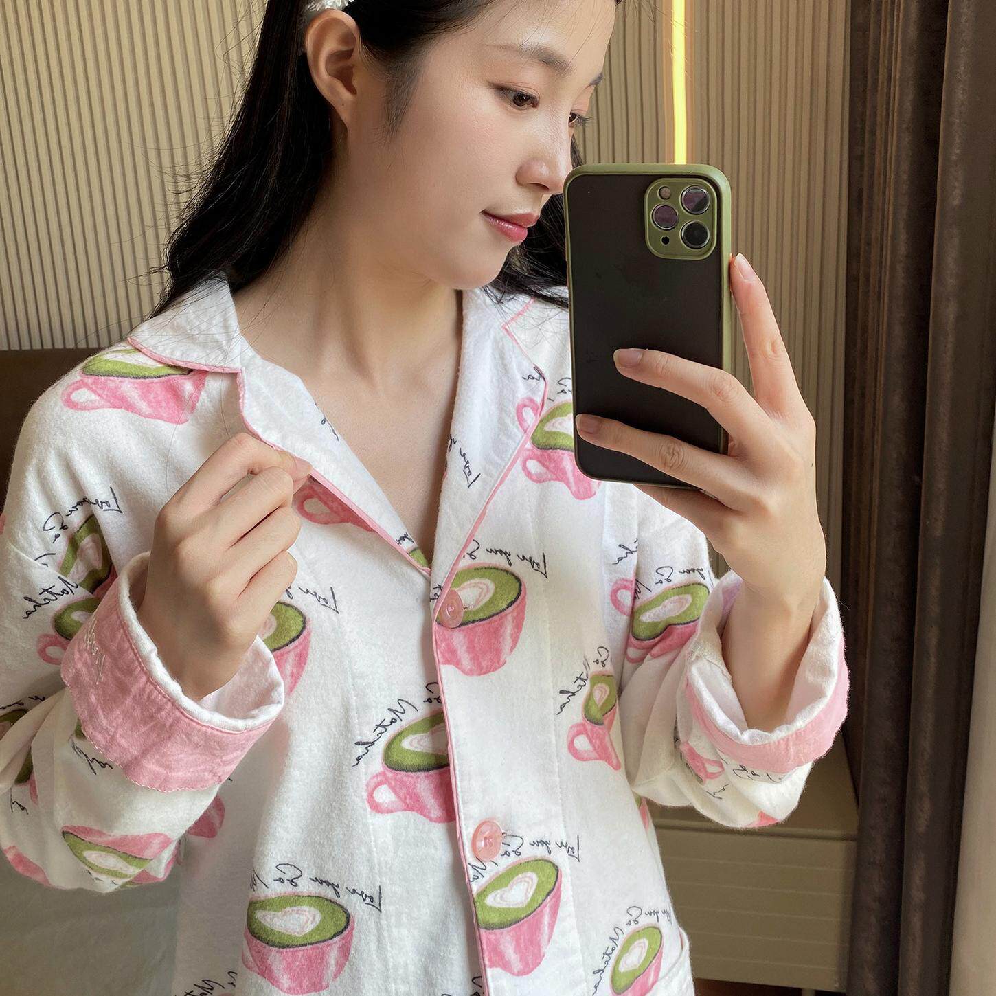 PJS秋冬春季女士纯棉双面磨毛睡衣家居服套装~抹茶花式咖啡~