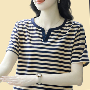 短袖 宽松大码 t恤女士纯棉2025新款 条纹半袖 V领上衣 中年妈妈装 夏装