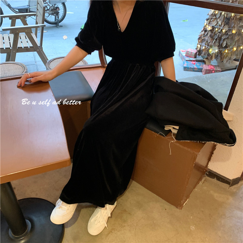 Real price Korean French port style V-neck show thin velvet dress court bubble short sleeve annual meeting skirt