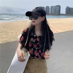 Real shot real price retro French minority Korean version floral ton show loose and thin chiffon shirt