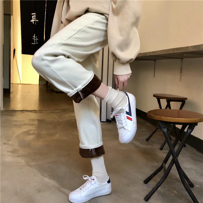 Real shot real price winter must be added Plush warm high waist straight pants show thin denim i-pants